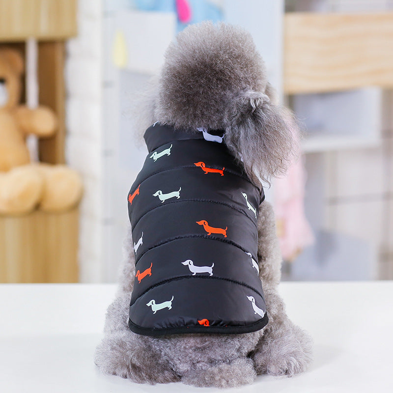 Dachshund Print Winter Dog Puff Vest in Black and Blue