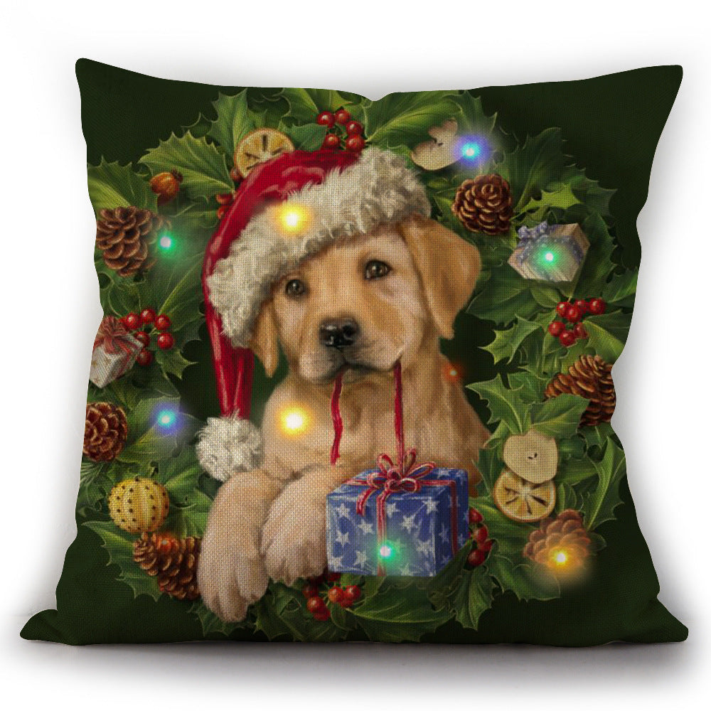 Christmas Cat And Dog LED Bright Light Up Linen Pillow Cover