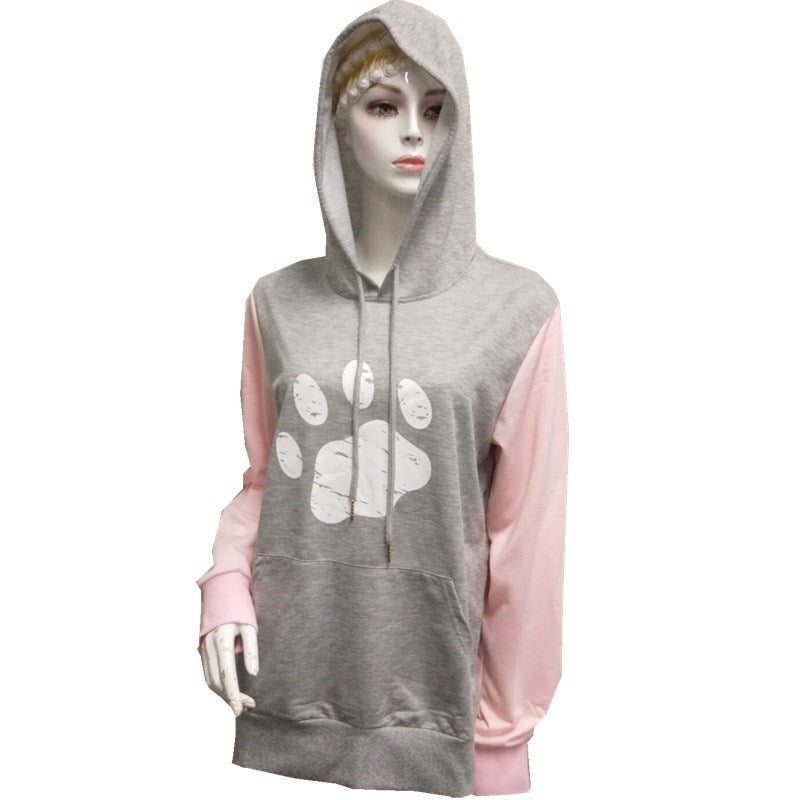 Women's Pawprint Long-sleeved Light Weight Hoodie in Gray Black or Pink