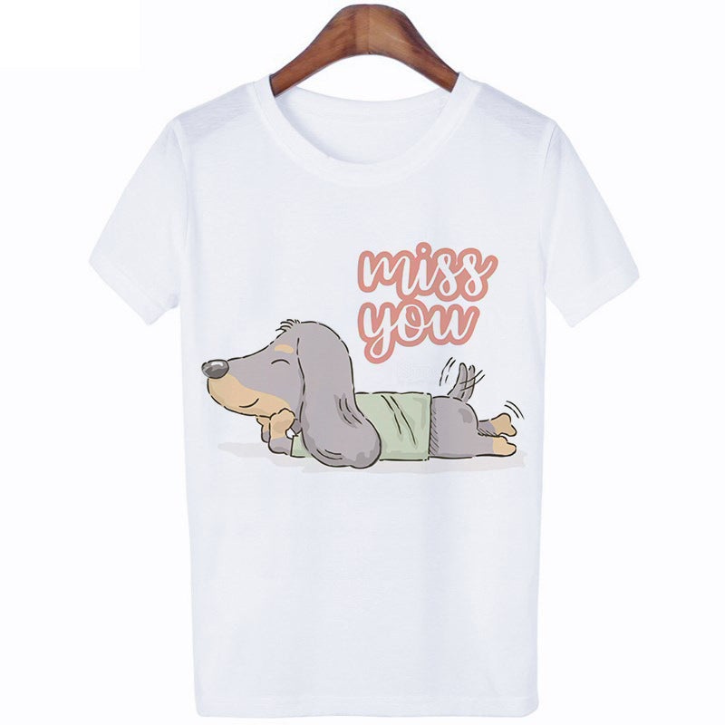 I Love Dachshund Print Women's Short Sleeve Crew Neck Tee-Shirt