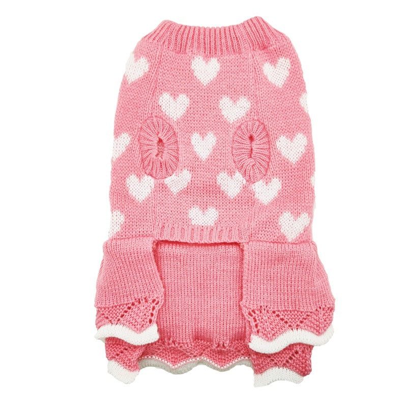 White Heart Print Acrylic Knitted Dog Dresses in Pink and Red