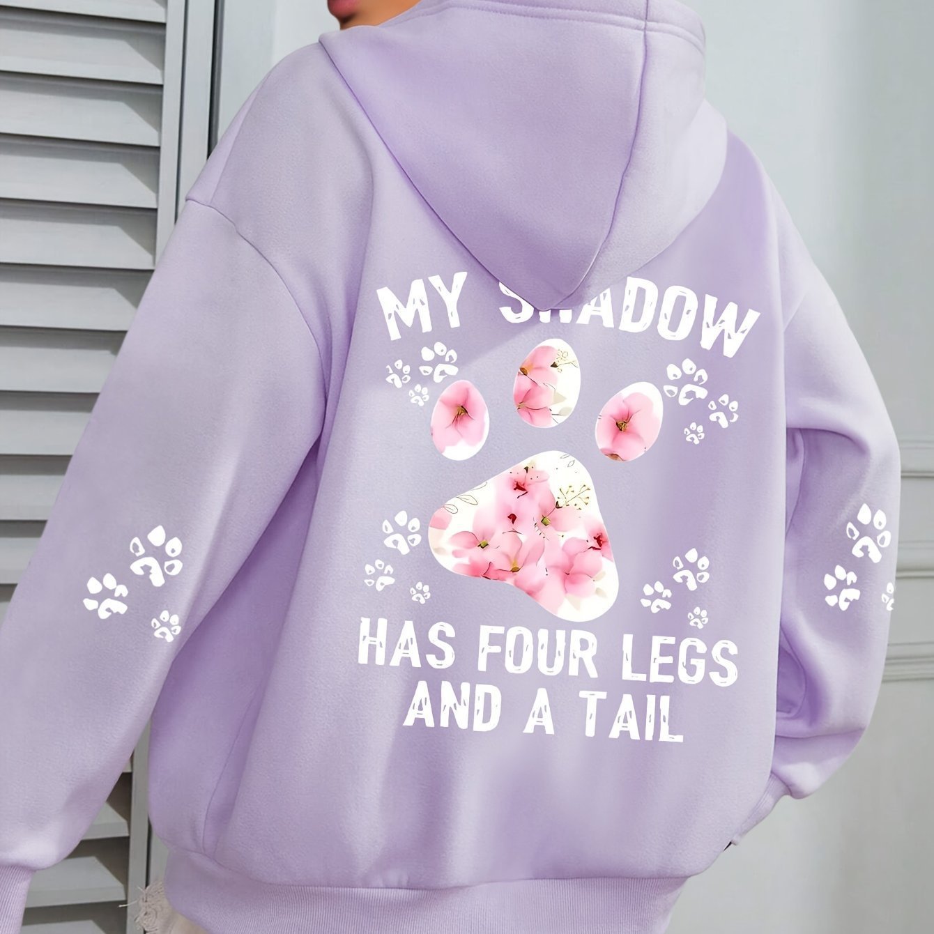 Women's My Shadow Has 4 Legs and a Tail Pawprint Hoodie in Gray, Khaki, Light Purple and Gray