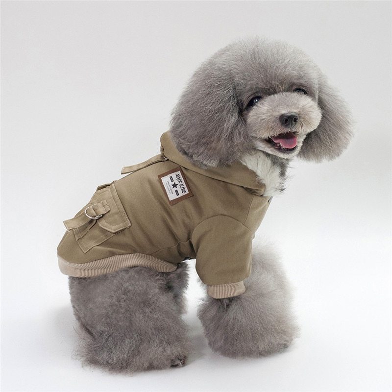 Pet Dog Cotton Winter Cargo Jacket with a Faux Fur Hood in Military Green, Gray, and Khaki