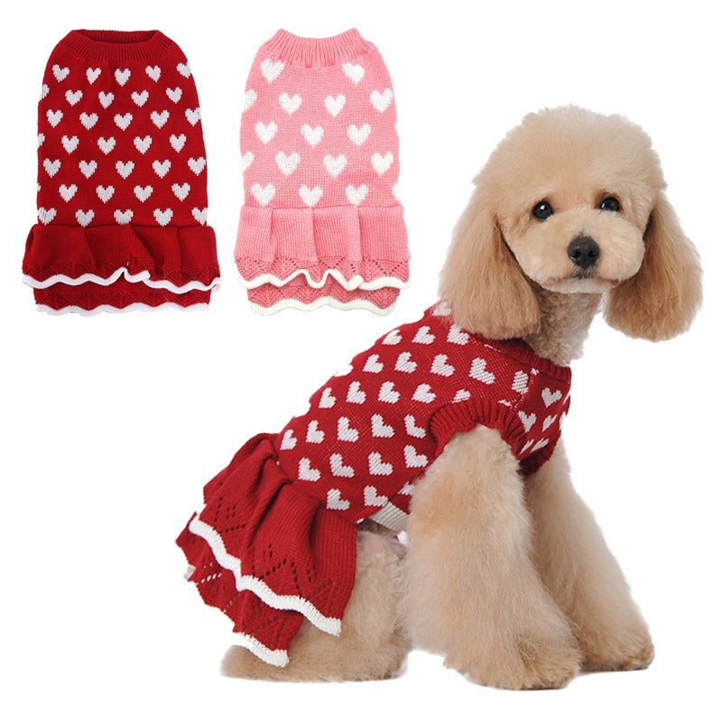 White Heart Print Acrylic Knitted Dog Dresses in Pink and Red