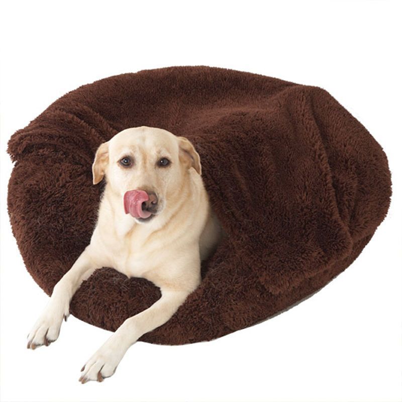 Round Lamb Wool Semi-enclosed Blanket Nesting Dog Bed in Brown