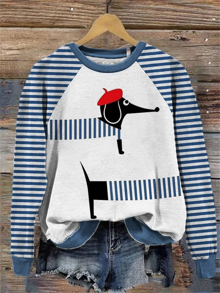 Women's Winter Dachshund Print Long Sleave Shirt in Red and Blue v