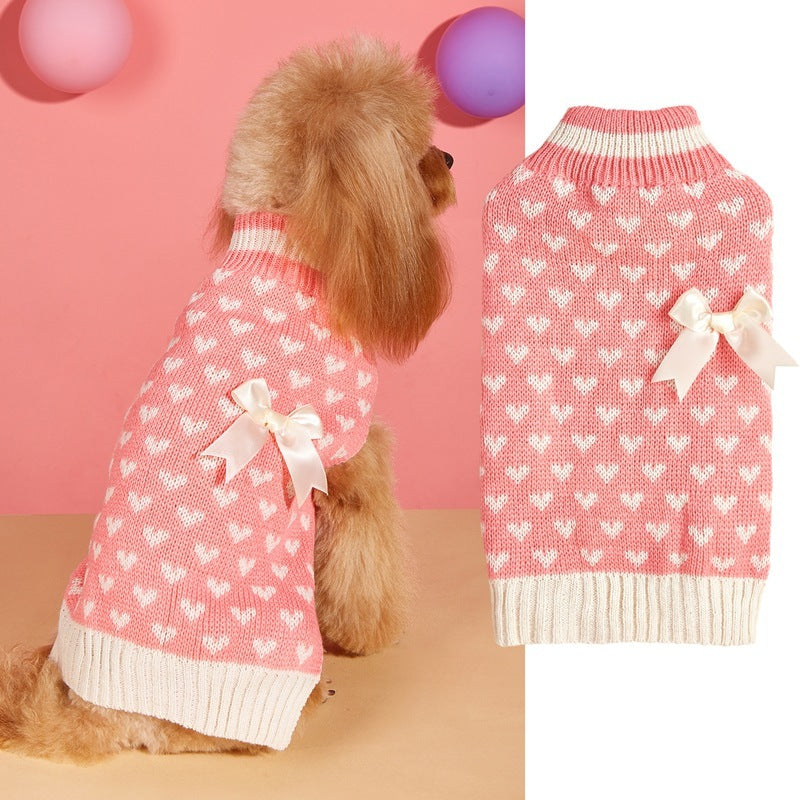 Valentines Day Love Heart Bow Knitted Dog Sweater in Pink White and Red