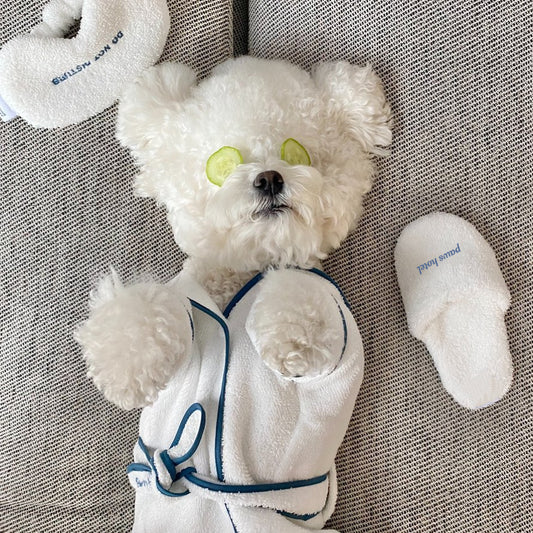 Pet Dog Bathrobe Housecoat with Matching slippers and Night Mask in White with Blue Embordering