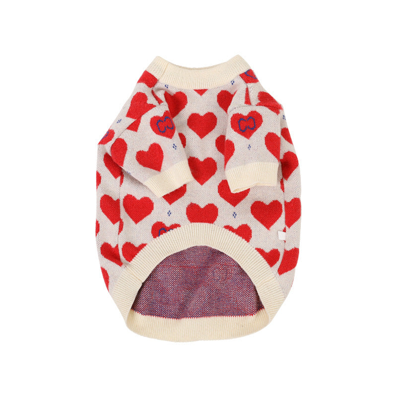 Red Heart Print Dog Cat Wool Knitted Sweater in White