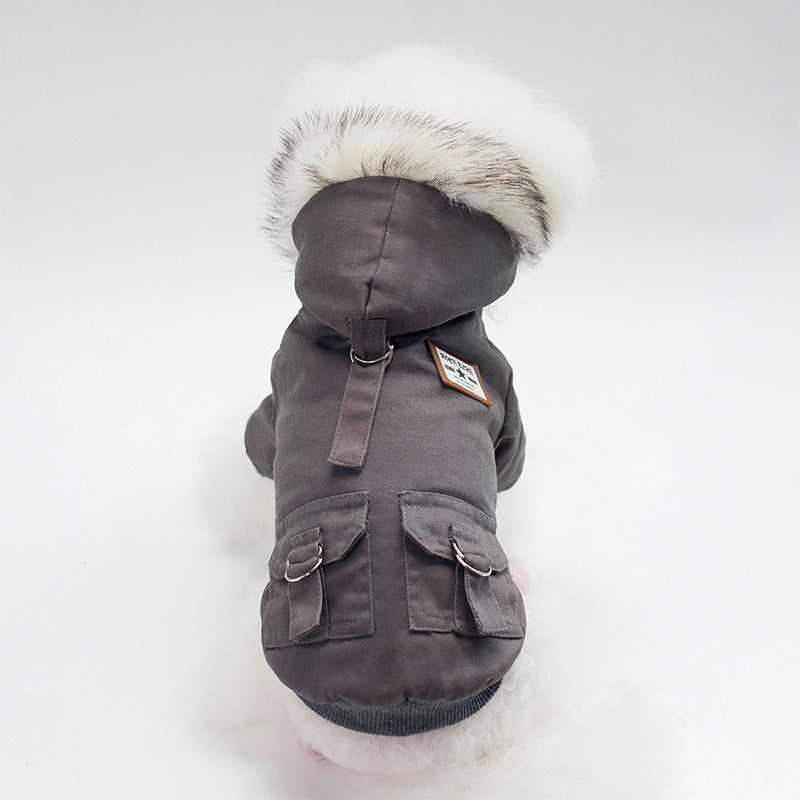 Pet Dog Cotton Winter Cargo Jacket with a Faux Fur Hood in Military Green, Gray, and Khaki