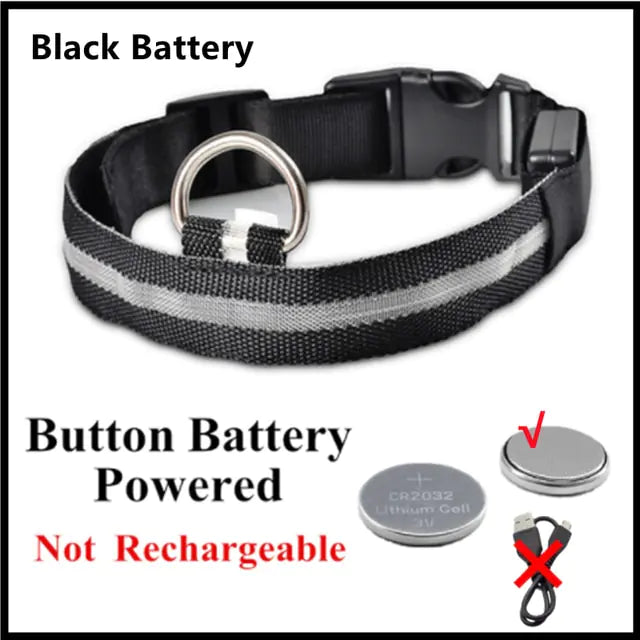 Glowing Dog Collar Black Button Battery Extra Large Neck 42-56 CM rubber sold by Poopy and Poops General Pet Store poppyandpoops.ca