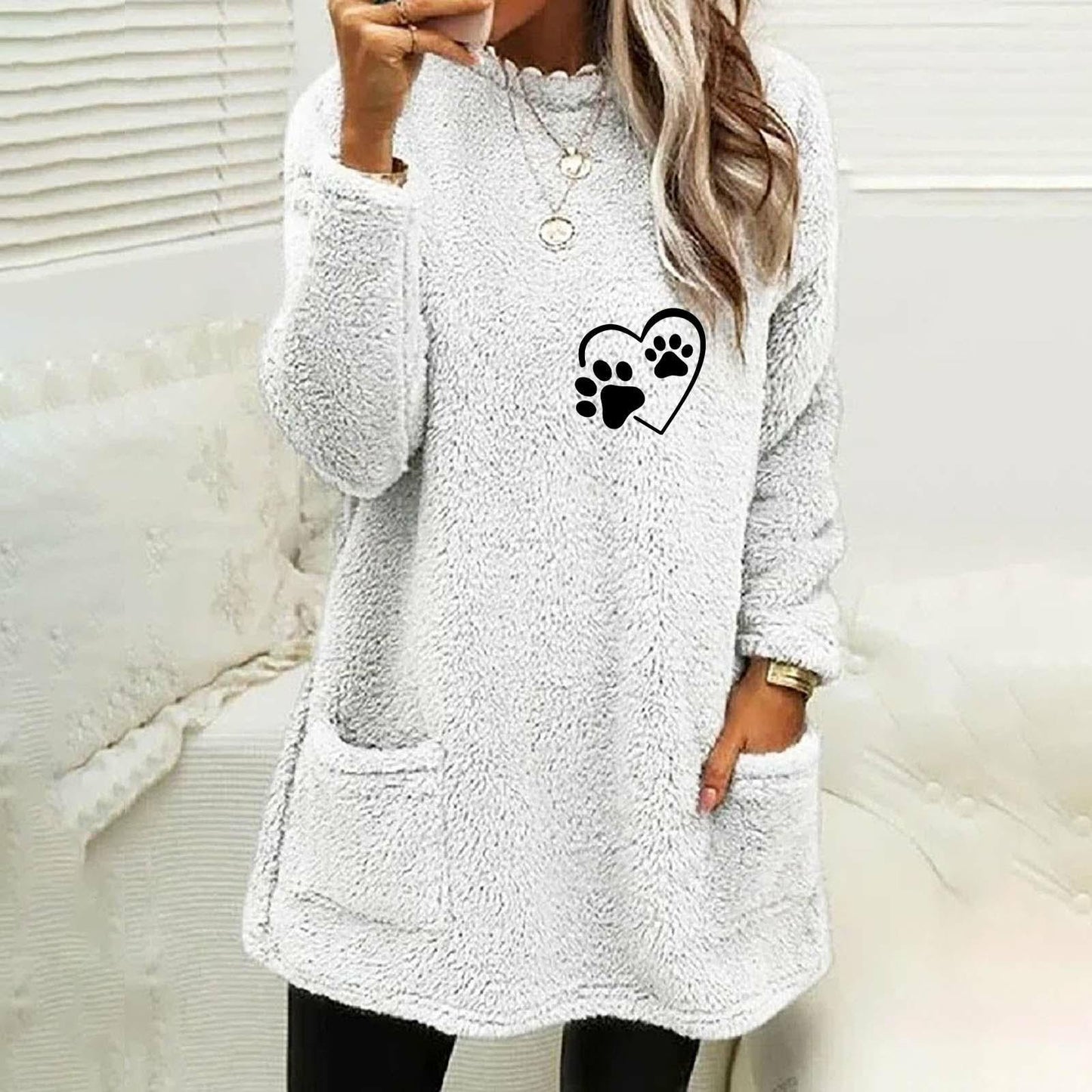 Women's Loose Autumn Long Sleeve Love Pawprint Sweatshirt in Blue Black White Gray Pink and Green