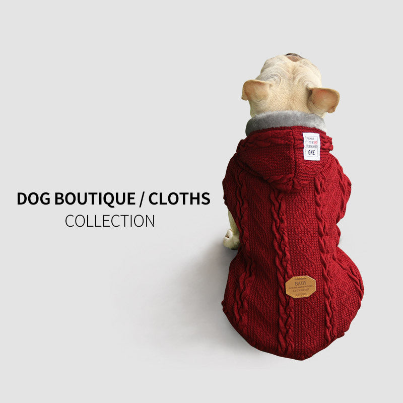 Knitted Wool Fleece Lined Pet Dog Hooded Coat in Red and Blue