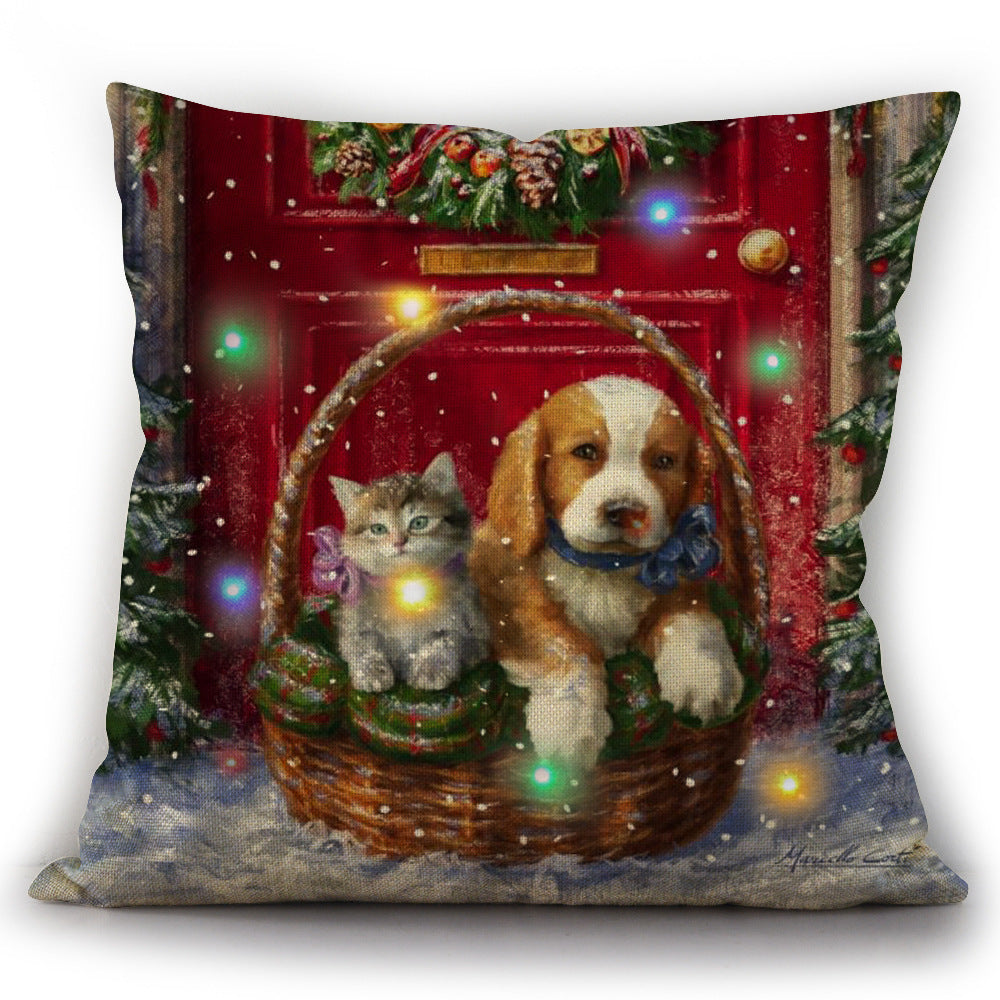Christmas Cat And Dog LED Bright Light Up Linen Pillow Cover