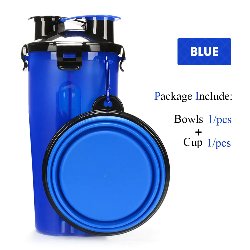 Pet Water Bottle Food Container 2 in 1 With Folding bowls Blue 1 Bowl sold by Poopy and Poops General Pet Store poppyandpoops.ca