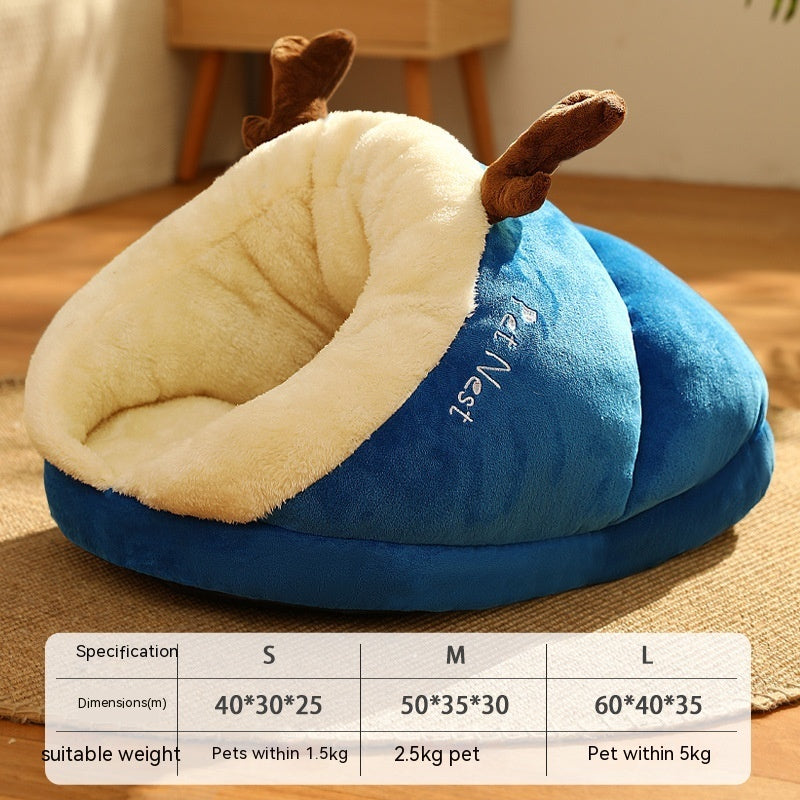 Semi-enclosed Fleece Reindeer Dog Nesting Bed in Blue