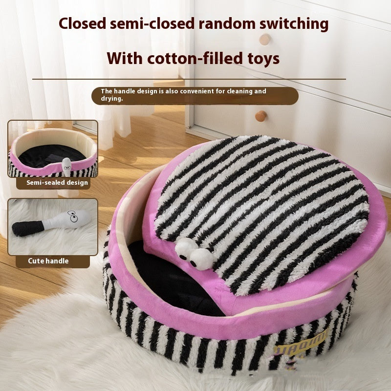 Comfy Chair, Round and Round with lid Pet Dog Beds in Purple or Pink and Black and white striped.