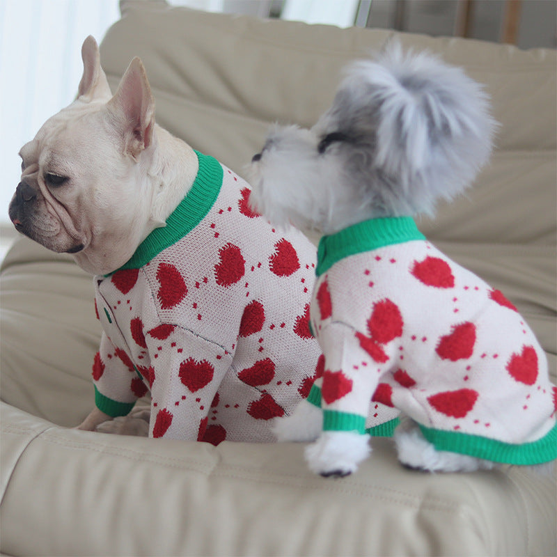 Red Heart Print Cotton Dog Sweater in White with Green Trim