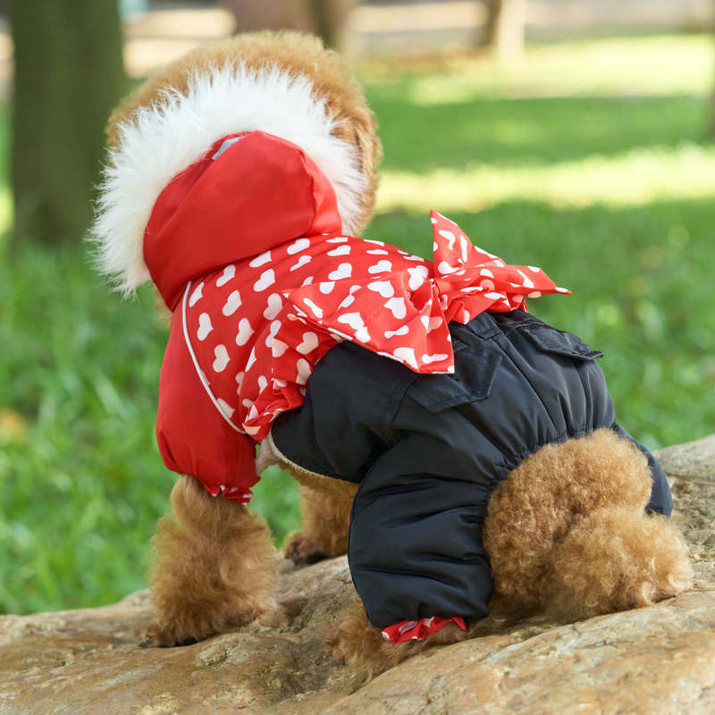 White Heart Print Bow Snow Suit in Red and Blue