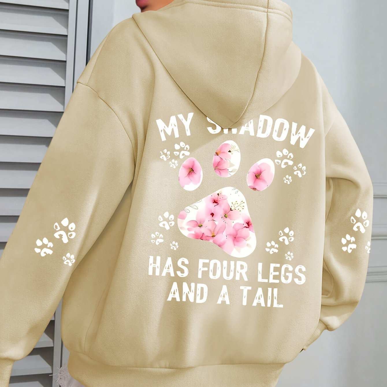 Women's My Shadow Has 4 Legs and a Tail Pawprint Hoodie in Gray, Khaki, Light Purple and Gray