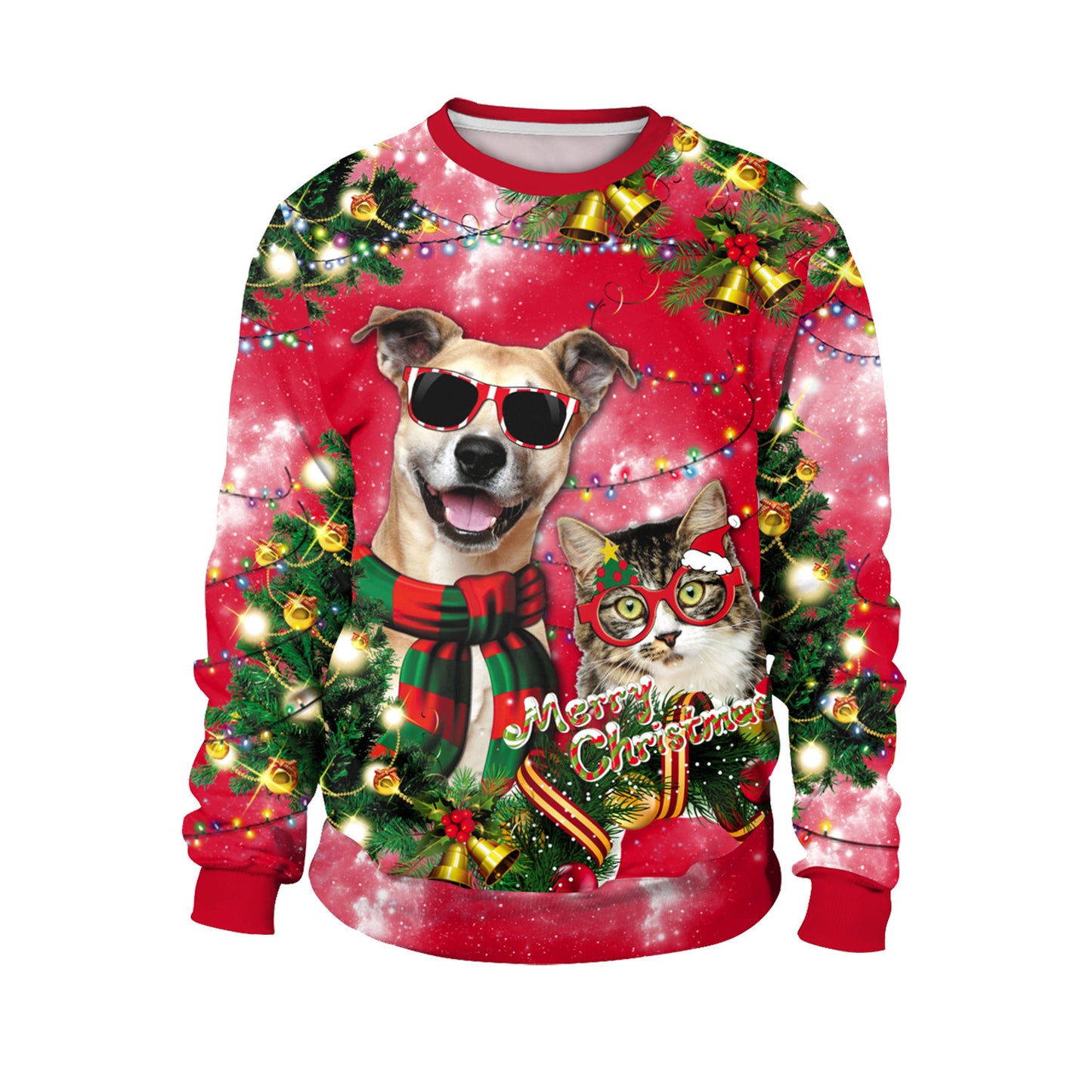 Ugly Christmas Dog Printed Polyester Crew Neck Pullover Sweater