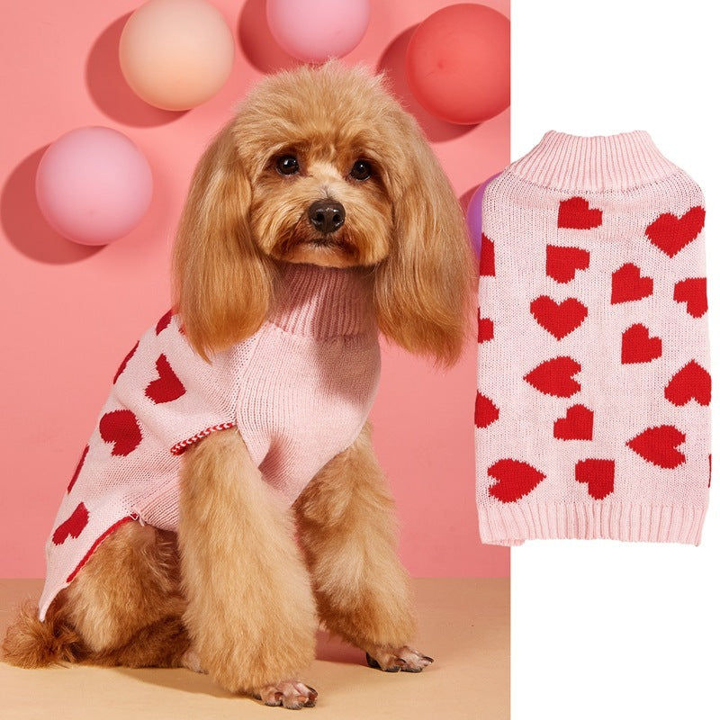 Valentines Day Love Heart Bow Knitted Dog Sweater in Pink White and Red