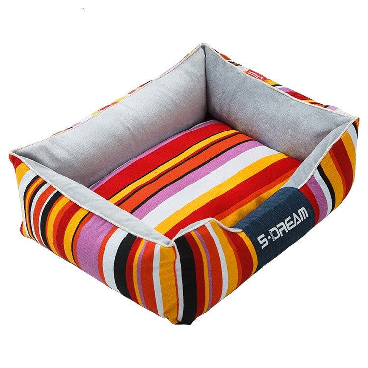 Waterproof Cotton Striped Pet Dog Bed in Sky Blue, Bright Yellow