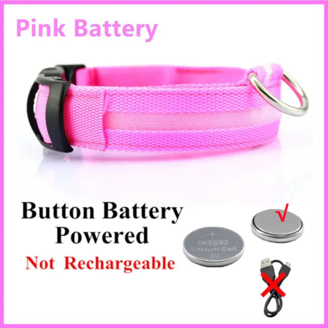 Glowing Dog Collar Pink Button Battery Medium Neck 37-46 CM rubber sold by Poopy and Poops General Pet Store poppyandpoops.ca