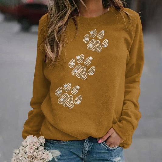 Women's Polyester Rhinestone Paw Print Crew Neck Sweater