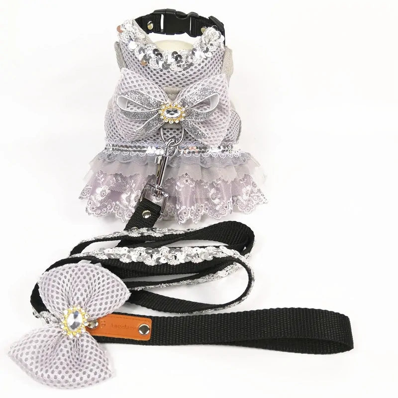 Princess Dog Dress Harness and Leash Set Gray sold by Poopy and Poops General Pet Store poppyandpoops.ca