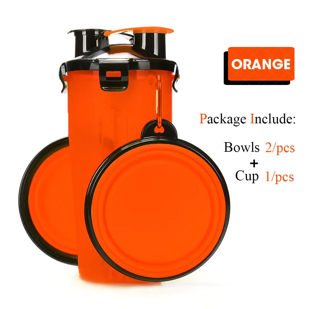 Pet Water Bottle Food Container 2 in 1 With Folding bowls Orange 2 Bowl sold by Poopy and Poops General Pet Store poppyandpoops.ca