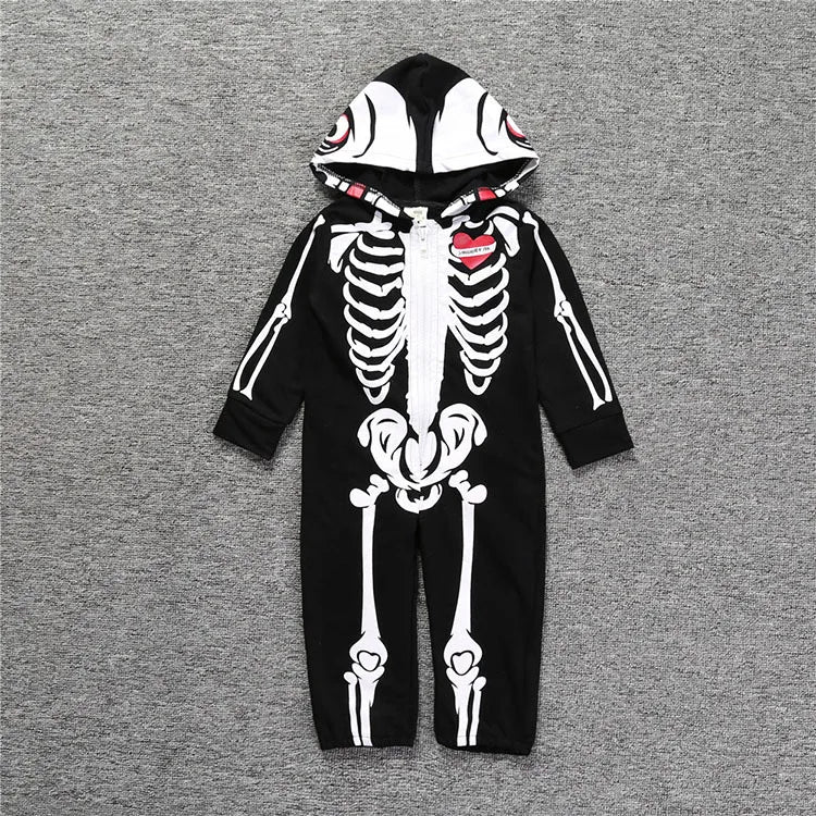 Baby role-playing baby toddler skull costume Halloween carnival role-playing skull long sleeve baby hooded suit Black and White human skeleton sold by Poopy and Poops General Pet Store poppyandpoops.ca