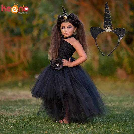 Black Unicorn Girls Tutu Dress for Children Birthday Halloween Costume Princess Kids Flower Ball Gown with Headband sold by Poopy and Poops General Pet Store poppyandpoops.ca