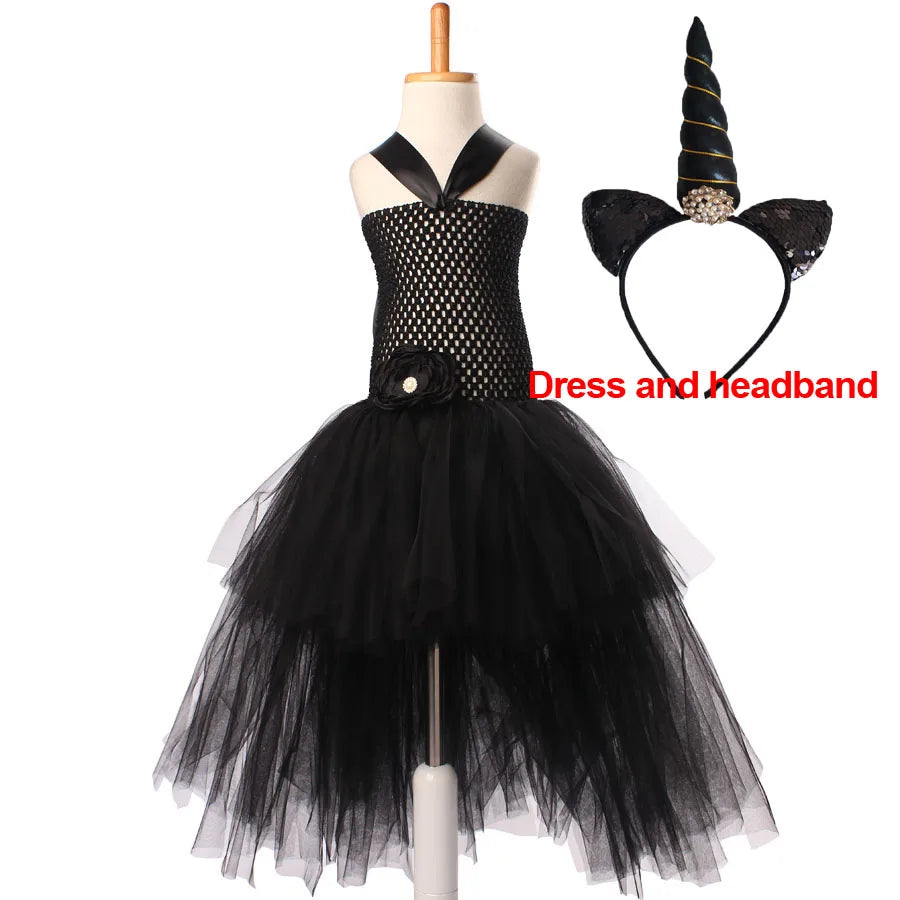 Black Unicorn Girls Tutu Dress for Children Birthday Halloween Costume Princess Kids Flower Ball Gown with Headband dress and headband sold by Poopy and Poops General Pet Store poppyandpoops.ca