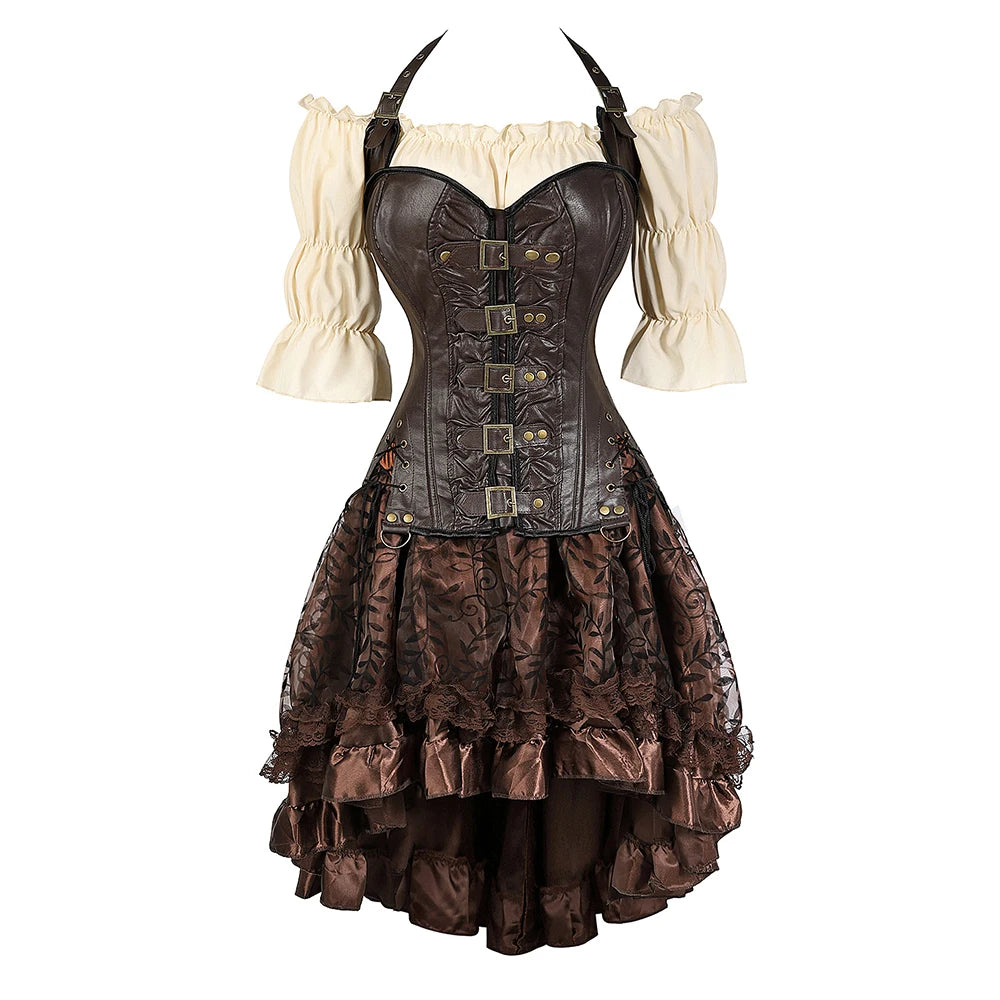 Brown Pirate Dress Faxu Leather Steampunk Corset with Shoulder Off Blouse Halloween Costume for Women Brown 9 sold by Poopy and Poops General Pet Store poppyandpoops.ca
