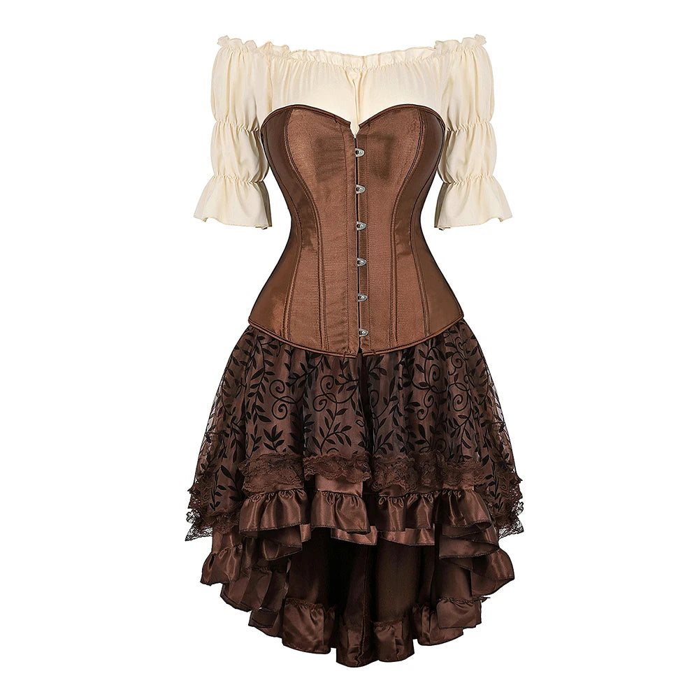 Brown Pirate Dress Faxu Leather Steampunk Corset with Shoulder Off Blouse Halloween Costume for Women Brown 2 sold by Poopy and Poops General Pet Store poppyandpoops.ca