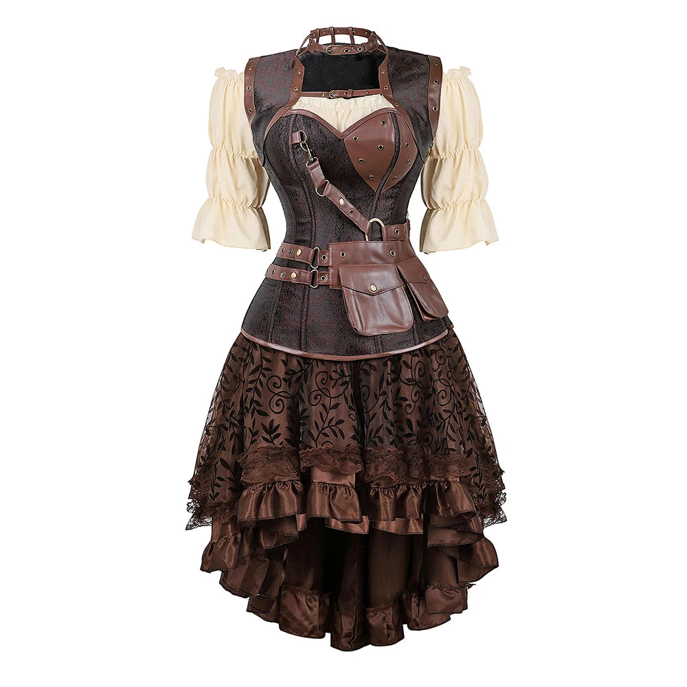 Brown Pirate Dress Faxu Leather Steampunk Corset with Shoulder Off Blouse Halloween Costume for Women Brown 3 sold by Poopy and Poops General Pet Store poppyandpoops.ca