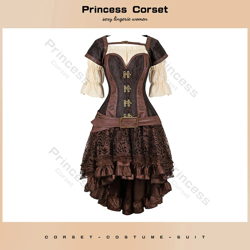 Brown Pirate Dress Faxu Leather Steampunk Corset with Shoulder Off Blouse Halloween Costume for Women sold by Poopy and Poops General Pet Store poppyandpoops.ca