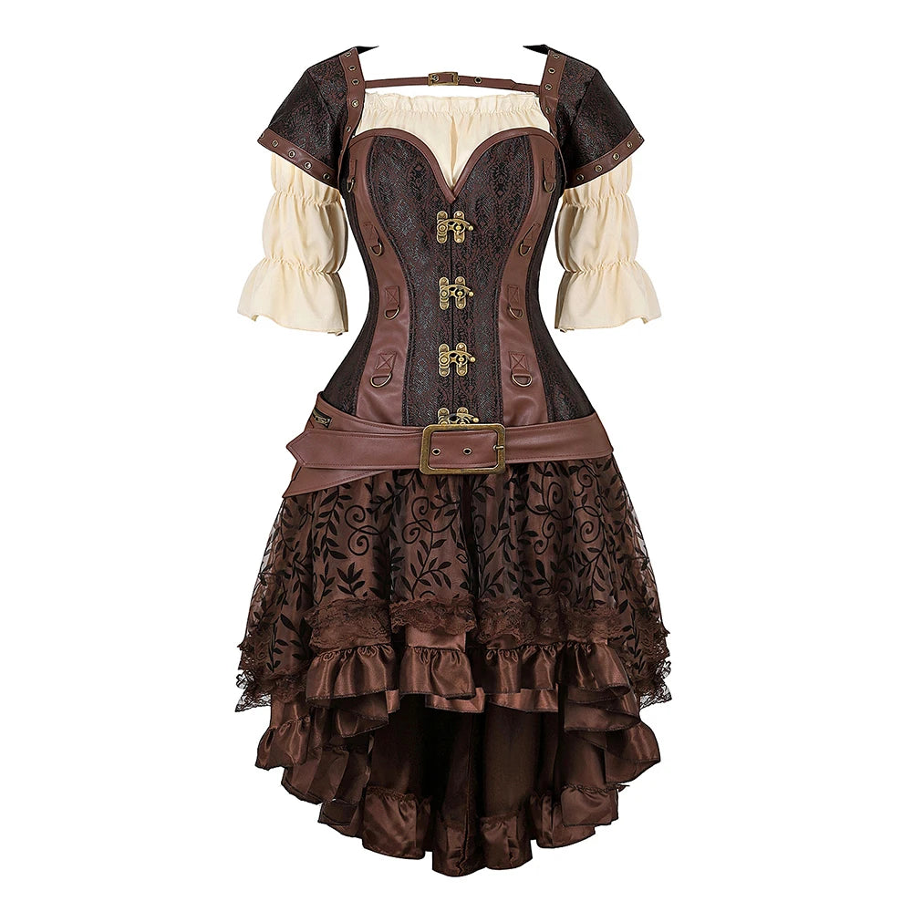 Brown Pirate Dress Faxu Leather Steampunk Corset with Shoulder Off Blouse Halloween Costume for Women Brown 4 sold by Poopy and Poops General Pet Store poppyandpoops.ca