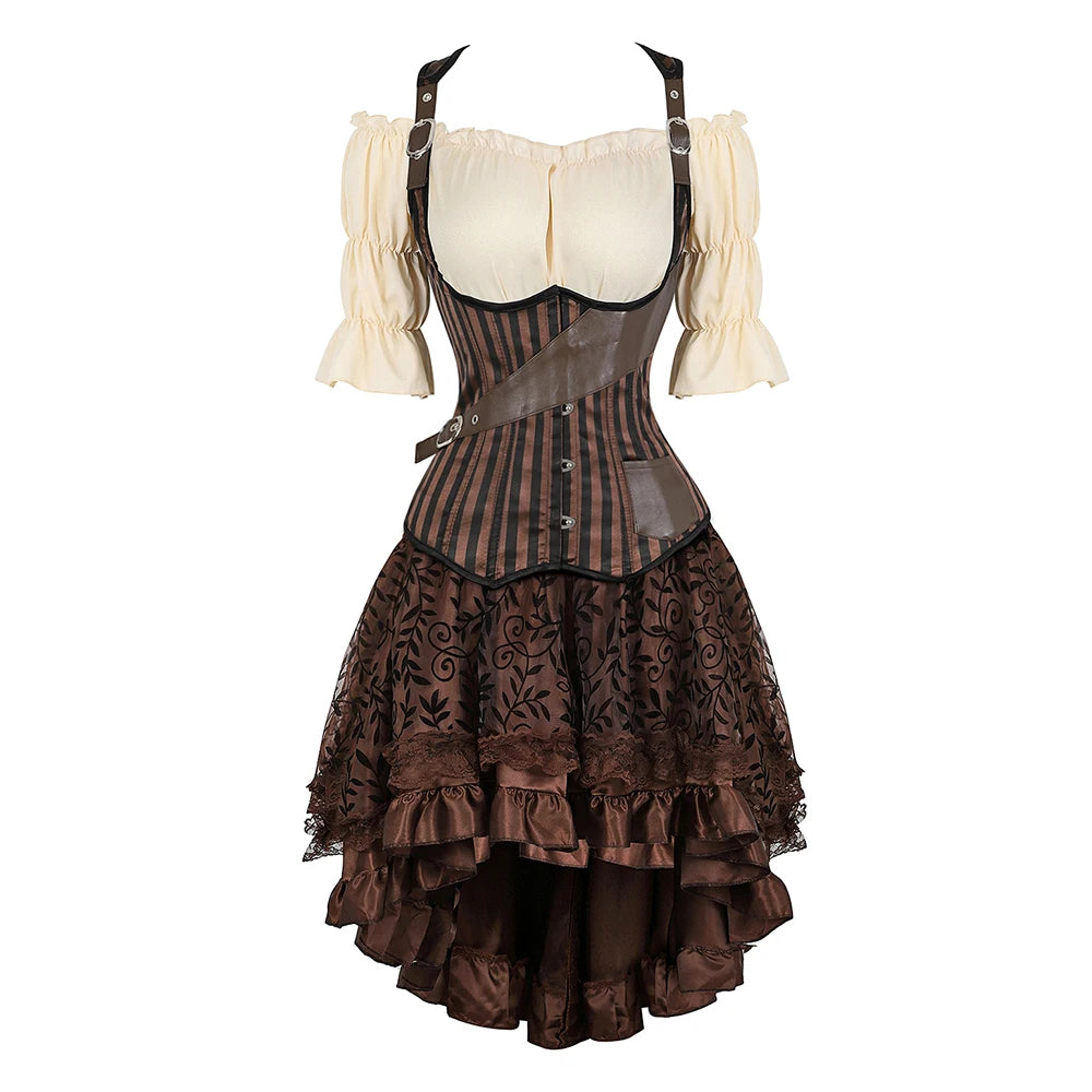 Brown Pirate Dress Faxu Leather Steampunk Corset with Shoulder Off Blouse Halloween Costume for Women Brown 1 sold by Poopy and Poops General Pet Store poppyandpoops.ca