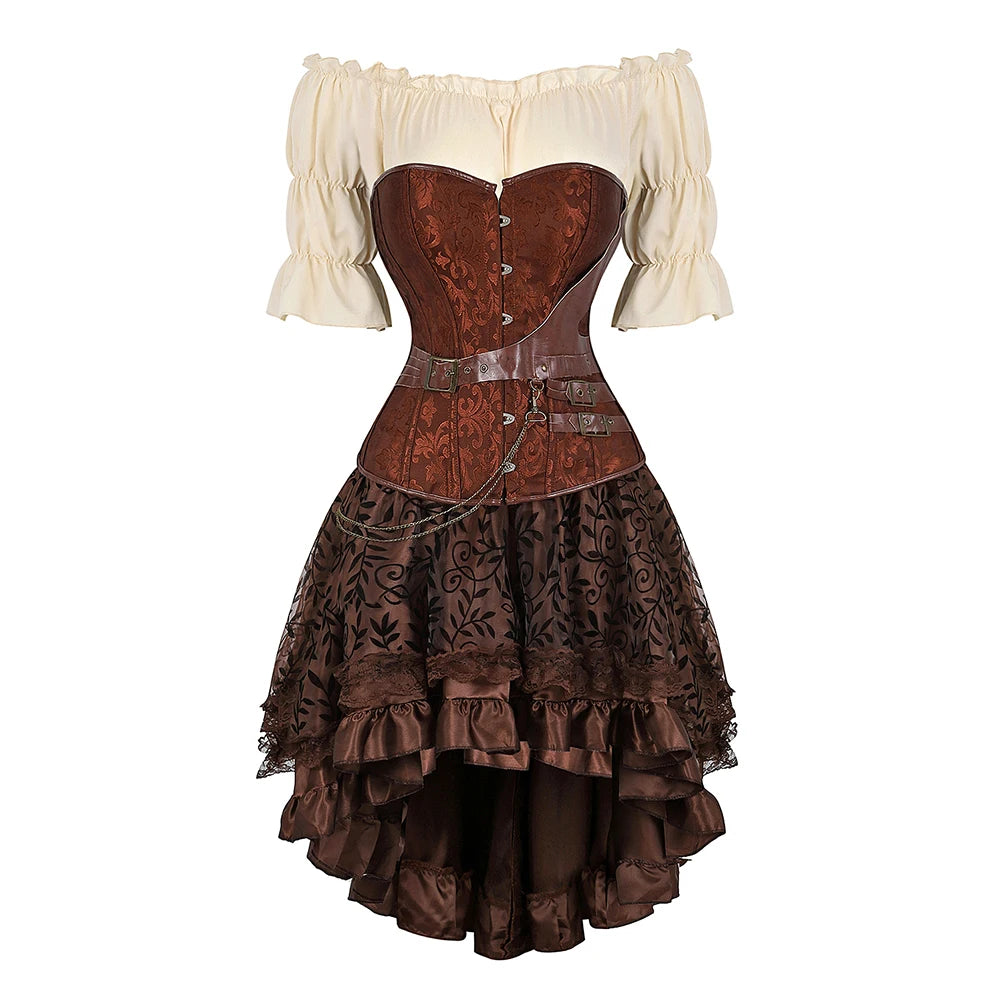 Brown Pirate Dress Faxu Leather Steampunk Corset with Shoulder Off Blouse Halloween Costume for Women Brown 10 sold by Poopy and Poops General Pet Store poppyandpoops.ca