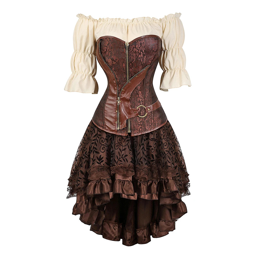 Brown Pirate Dress Faxu Leather Steampunk Corset with Shoulder Off Blouse Halloween Costume for Women Brown 7 sold by Poopy and Poops General Pet Store poppyandpoops.ca