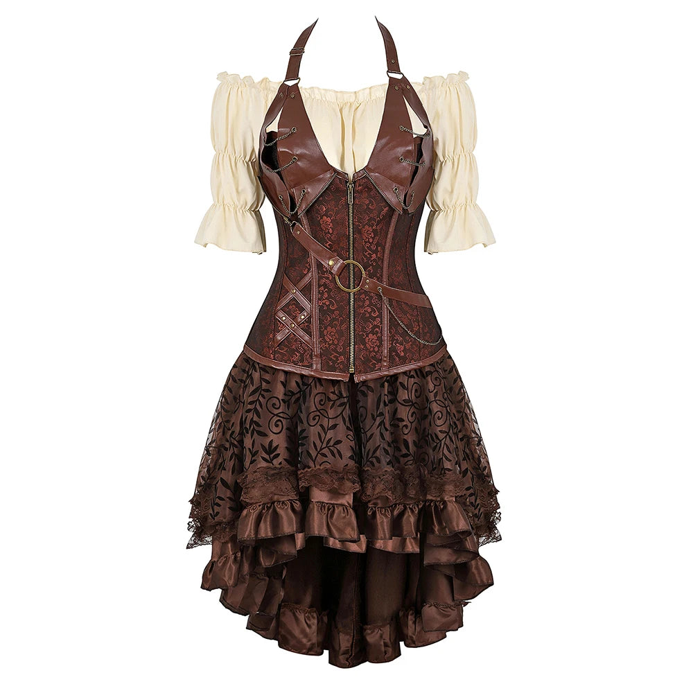 Brown Pirate Dress Faxu Leather Steampunk Corset with Shoulder Off Blouse Halloween Costume for Women Brown 11 sold by Poopy and Poops General Pet Store poppyandpoops.ca