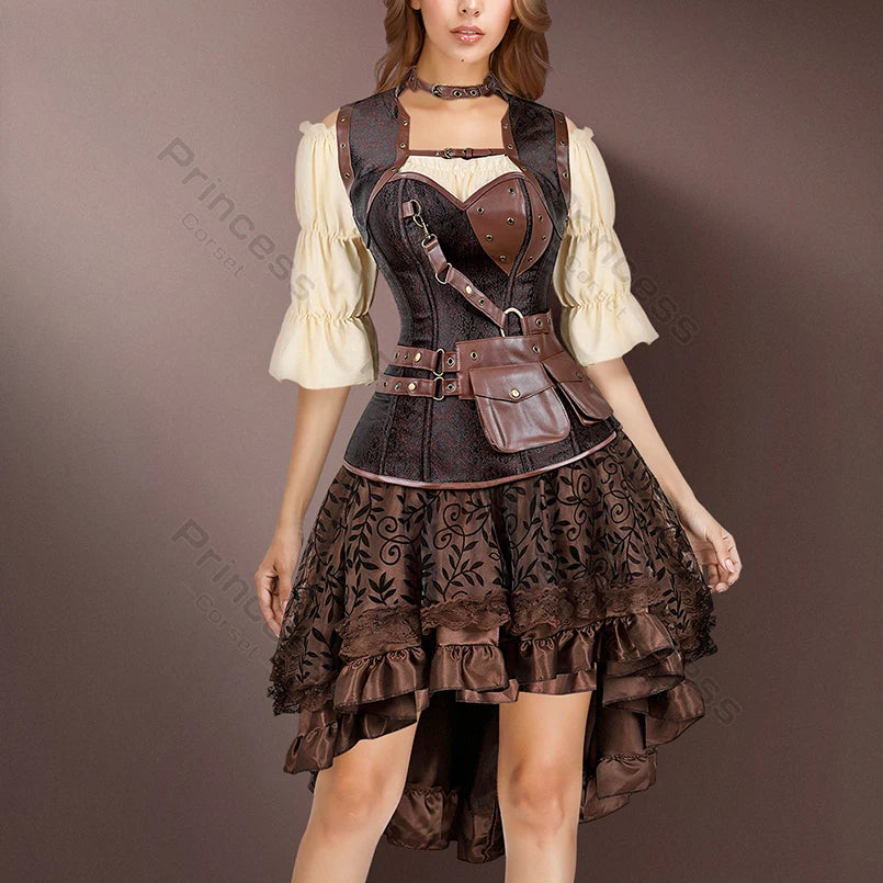 Brown Pirate Dress Faxu Leather Steampunk Corset with Shoulder Off Blouse Halloween Costume for Women sold by Poopy and Poops General Pet Store poppyandpoops.ca