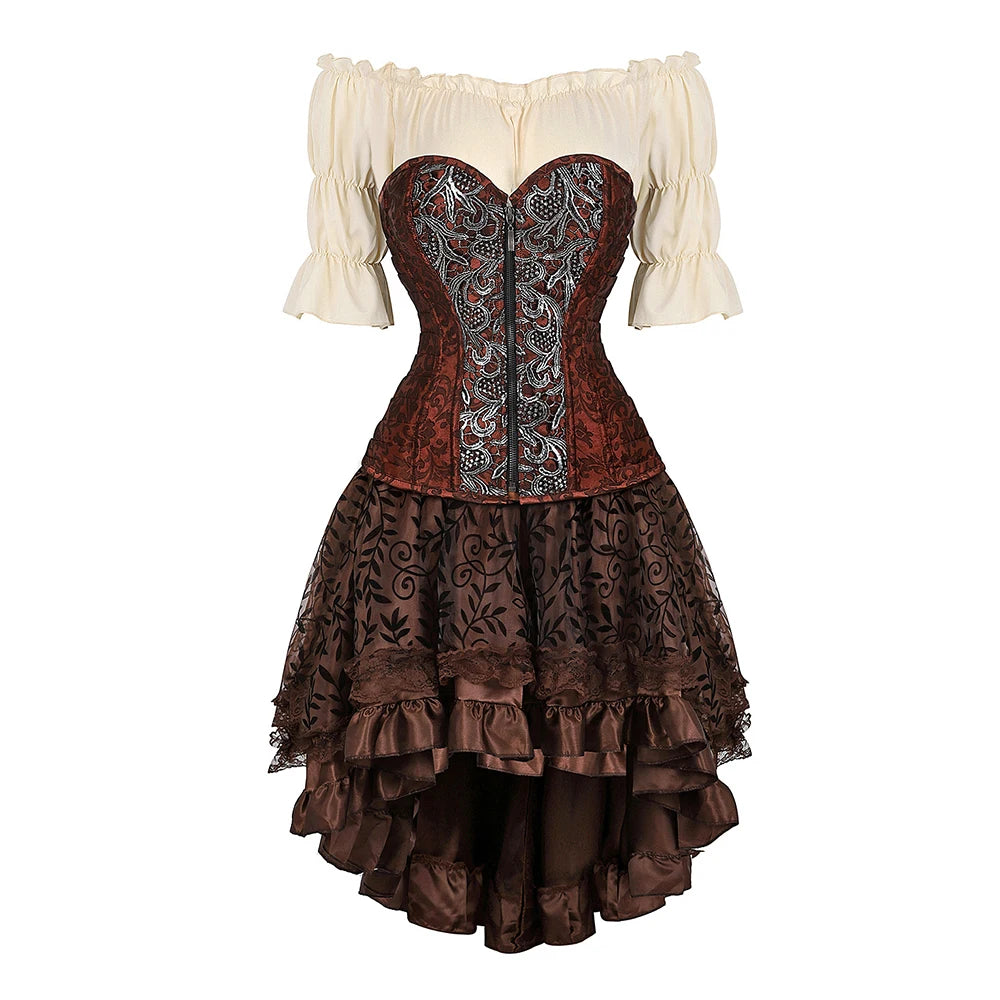 Brown Pirate Dress Faxu Leather Steampunk Corset with Shoulder Off Blouse Halloween Costume for Women Brown 5 sold by Poopy and Poops General Pet Store poppyandpoops.ca
