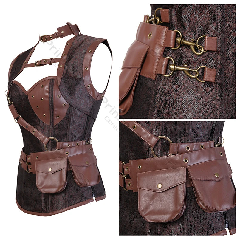 Brown Pirate Dress Faxu Leather Steampunk Corset with Shoulder Off Blouse Halloween Costume for Women sold by Poopy and Poops General Pet Store poppyandpoops.ca