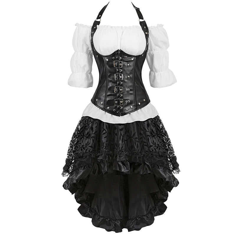 Brown Pirate Dress Faxu Leather Steampunk Corset with Shoulder Off Blouse Halloween Costume for Women Black 1 6XL sold by Poopy and Poops General Pet Store poppyandpoops.ca