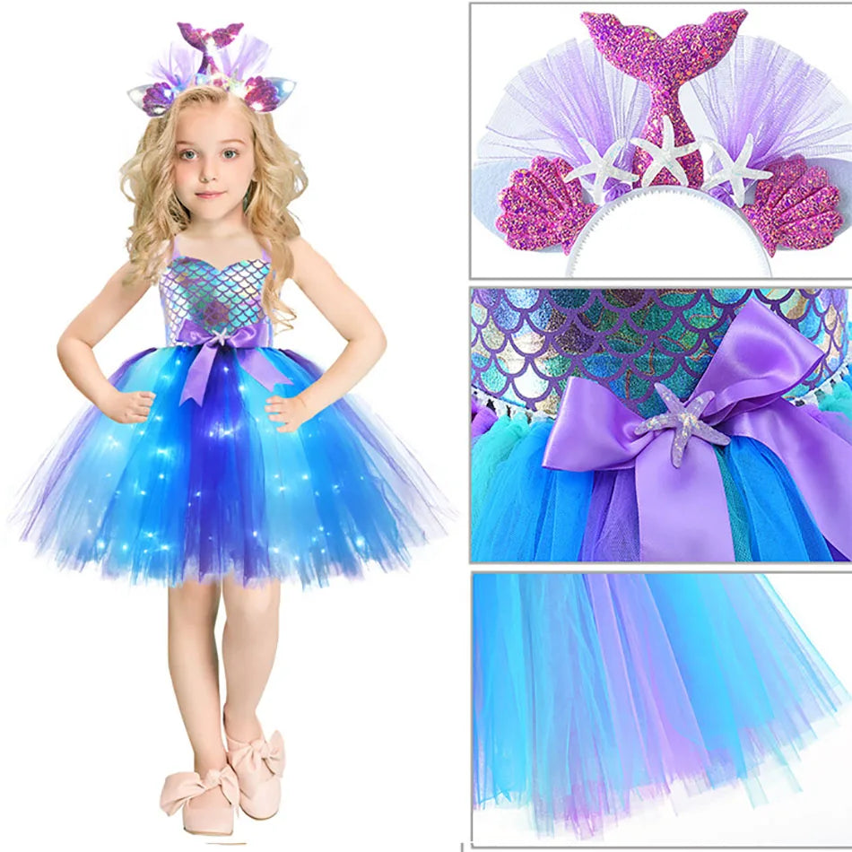 Girls Pastel Dresses with LED Lights Kids Birthday Party Glowing Dress Children Mermaid Costumes Baby Girl Rainbow Unicorn Tutu sold by Poopy and Poops General Pet Store poppyandpoops.ca