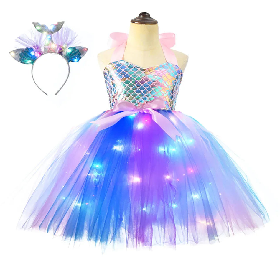 Girls Pastel Dresses with LED Lights Kids Birthday Party Glowing Dress Children Mermaid Costumes Baby Girl Rainbow Unicorn Tutu Mermaid 03 sold by Poopy and Poops General Pet Store poppyandpoops.ca