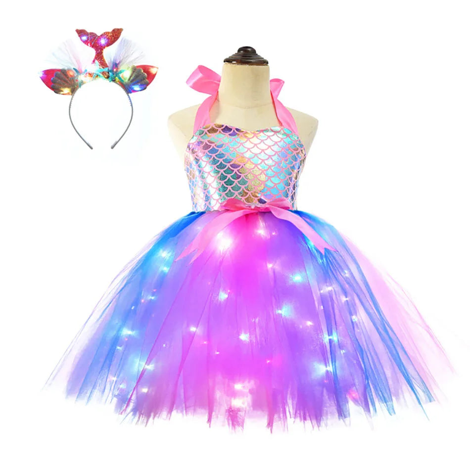 Girls Pastel Dresses with LED Lights Kids Birthday Party Glowing Dress Children Mermaid Costumes Baby Girl Rainbow Unicorn Tutu Mermaid 04 sold by Poopy and Poops General Pet Store poppyandpoops.ca